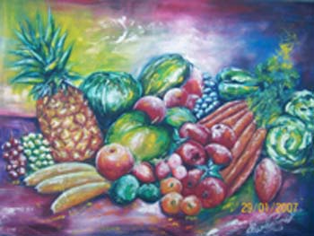 Colorful gouache village market scene artwork by Chembx